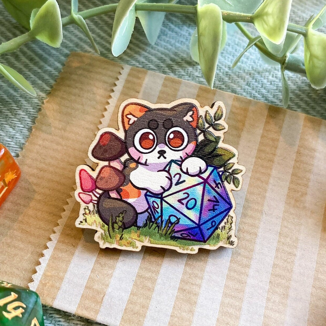 D&D D20 Kitty Wooden Pin